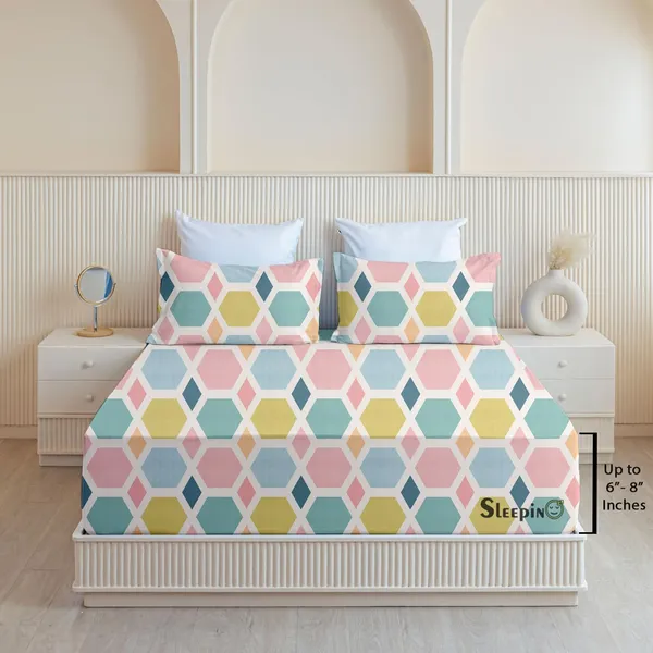 Pink_Green_Pentagonal_All_Around_Cotton_Fitted_Elastic_Bedsheet_With_2_Pillow_Covers