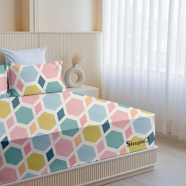 Pink_Green_Pentagonal_All_Around_Cotton_Fitted_Elastic_Bedsheet_With_2_Pillow_Covers