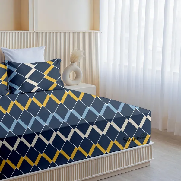 Medium_Blue_All_Around_Cotton_Fitted_Elastic_Bedsheet_With_2_Pillow_Covers