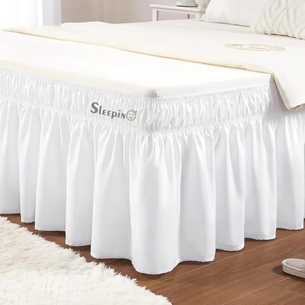 White_Sleepino_Wrap_Around_Bed_Skirt_For_King_Bed_|_Easy_Elastic_Feet_|_Machine_Washable_|_White