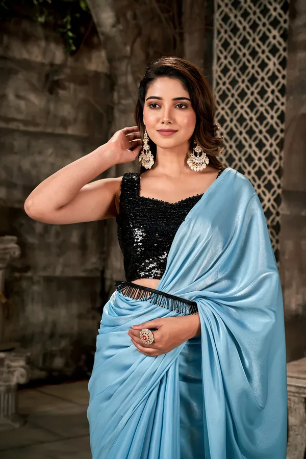 Sky_Blue_Luxurious__Satin_Silk_Saree_With_Black_Handwork_Lace