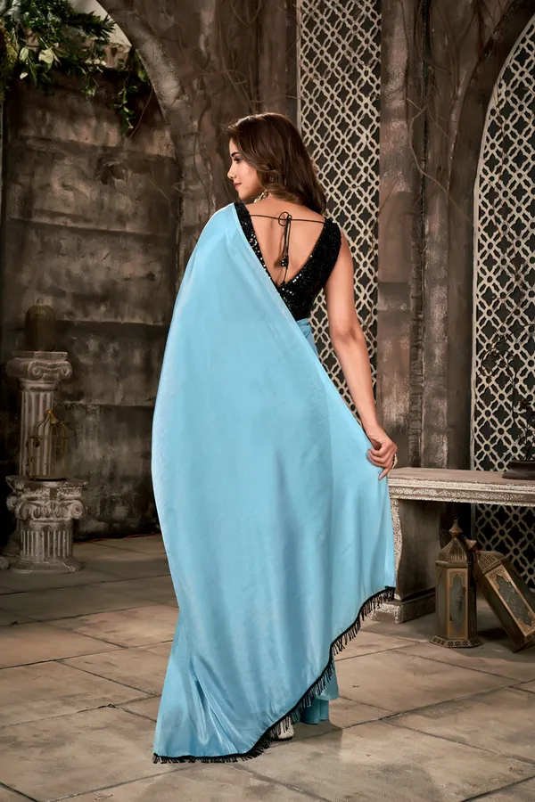 Sky_Blue_Luxurious__Satin_Silk_Saree_With_Black_Handwork_Lace