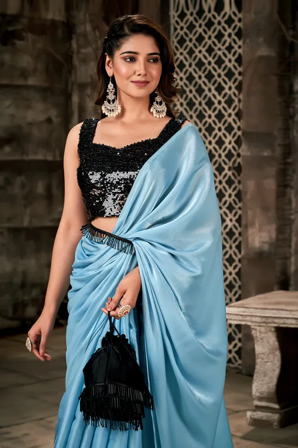 Sky_Blue_Luxurious__Satin_Silk_Saree_With_Black_Handwork_Lace