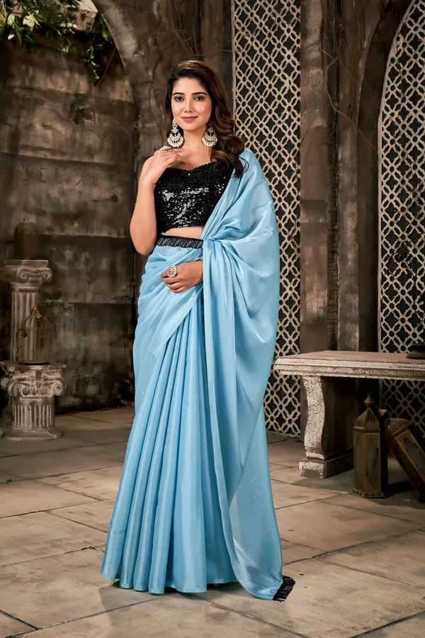 Sky_Blue_Luxurious__Satin_Silk_Saree_With_Black_Handwork_Lace