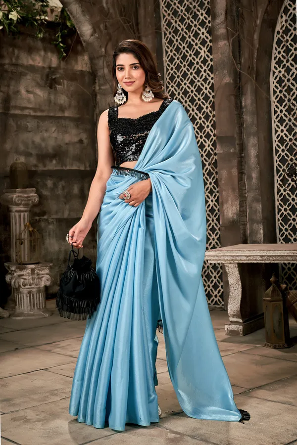 Sky_Blue_Luxurious__Satin_Silk_Saree_With_Black_Handwork_Lace
