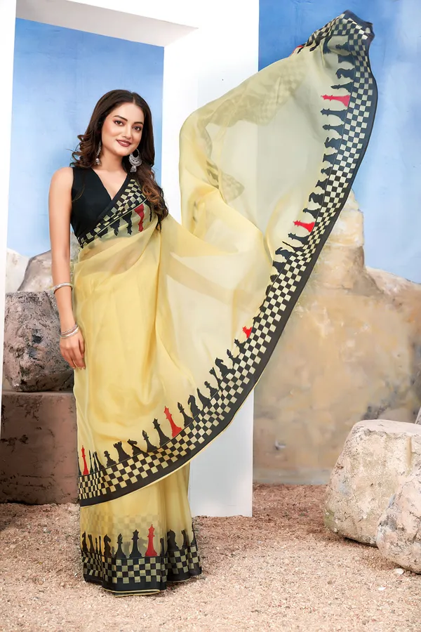 Soft_Yellow_Chic__Georgette_Saree_With_Modern_Chessboard_Print