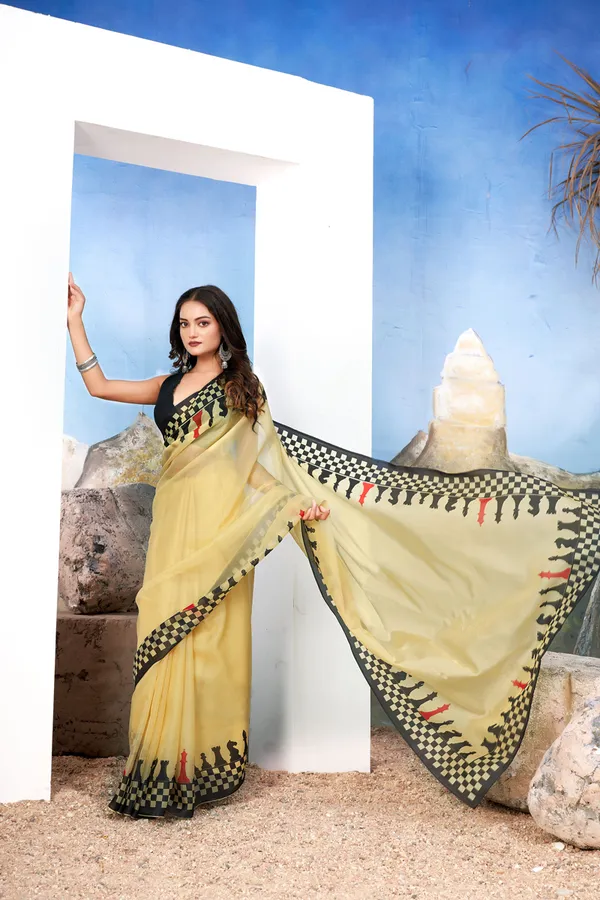 Soft_Yellow_Chic__Georgette_Saree_With_Modern_Chessboard_Print