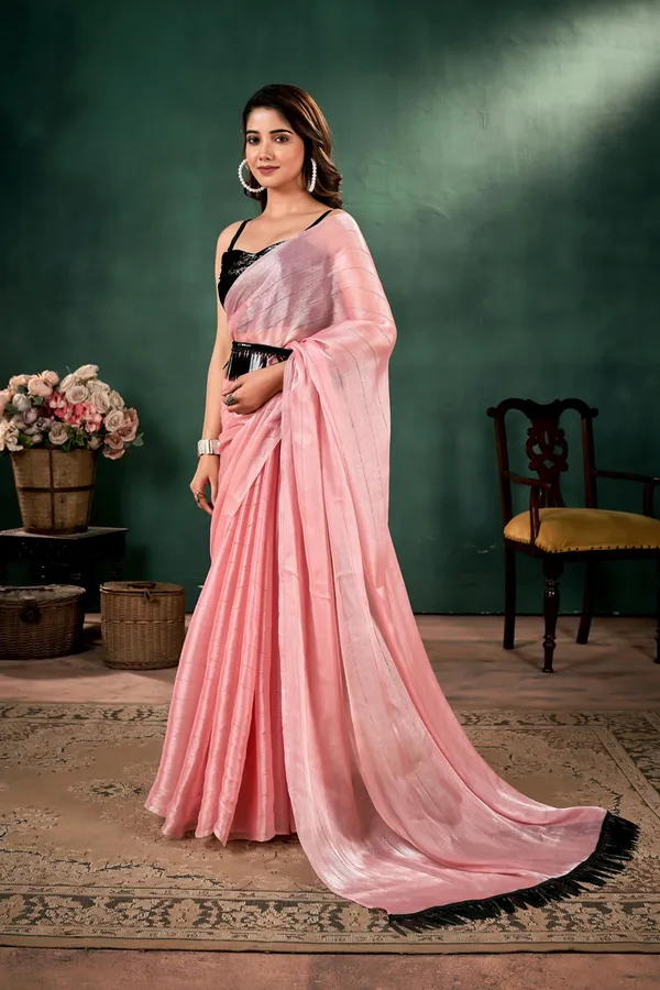 Rose_Pink__Organza_Saree_With_Sliver_Stripes_With_Small_Sequin