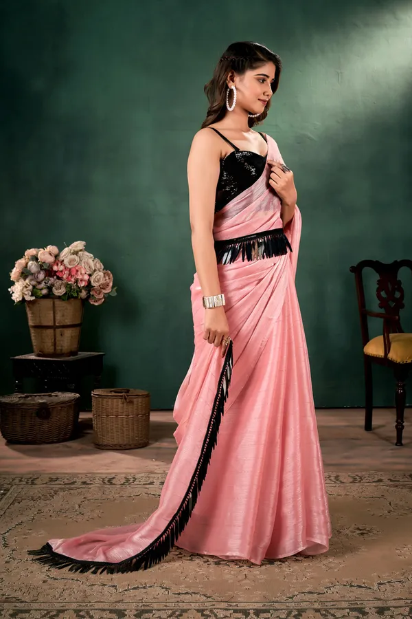 Rose_Pink__Organza_Saree_With_Sliver_Stripes_With_Small_Sequin