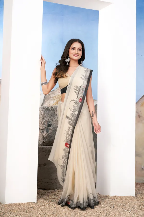White_Creamy_Elegant_Creamy_Georgette_Saree_With_Monuments_Design