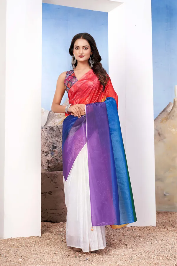 Rainbow__Designer_Saree_With_Vibrant_Red_Blouse_And_Artistic_Pallu