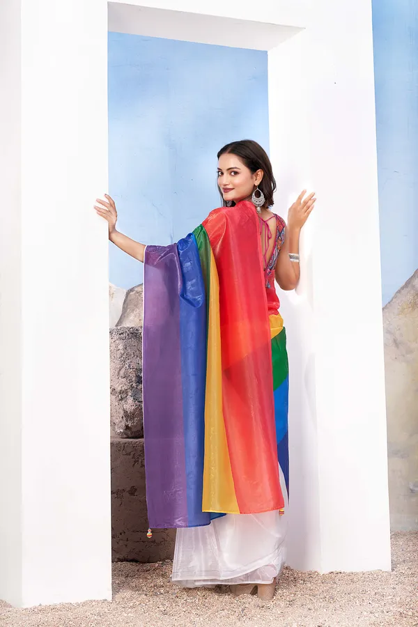 Rainbow__Designer_Saree_With_Vibrant_Red_Blouse_And_Artistic_Pallu