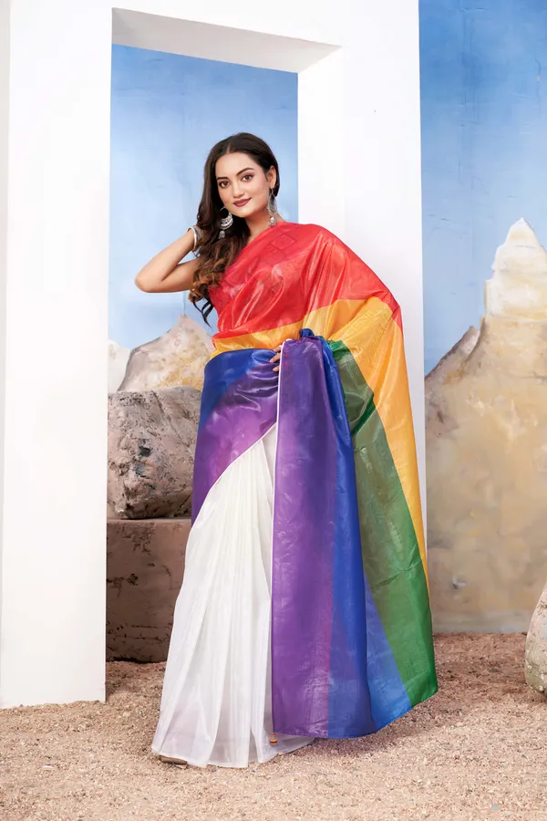 Rainbow__Designer_Saree_With_Vibrant_Red_Blouse_And_Artistic_Pallu