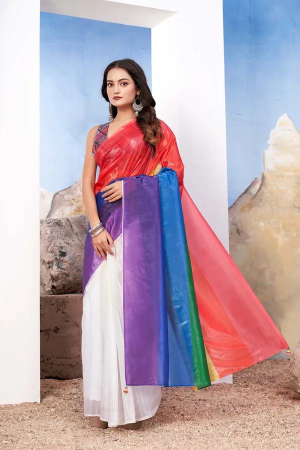 Rainbow__Designer_Saree_With_Vibrant_Red_Blouse_And_Artistic_Pallu
