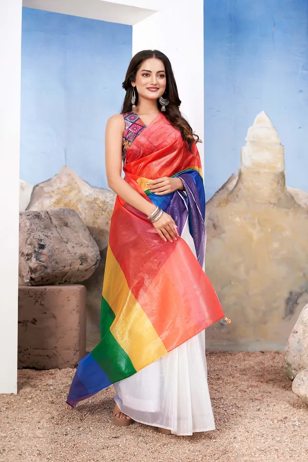 Rainbow__Designer_Saree_With_Vibrant_Red_Blouse_And_Artistic_Pallu