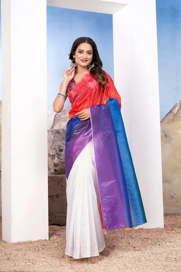 Rainbow__Designer_Saree_With_Vibrant_Red_Blouse_And_Artistic_Pallu