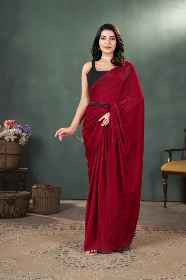 Red_Velvet_Satin_Prism_Print_Saree_With_Black_Plain_Blouse