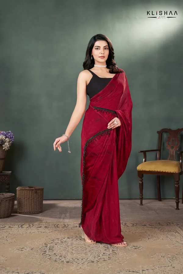 Red_Velvet_Satin_Prism_Print_Saree_With_Black_Plain_Blouse