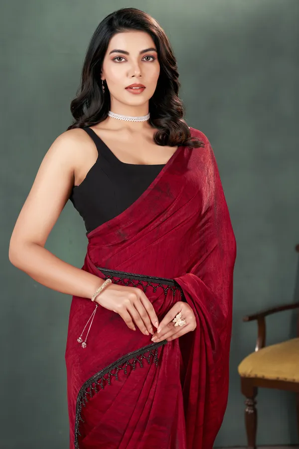 Red_Velvet_Satin_Prism_Print_Saree_With_Black_Plain_Blouse