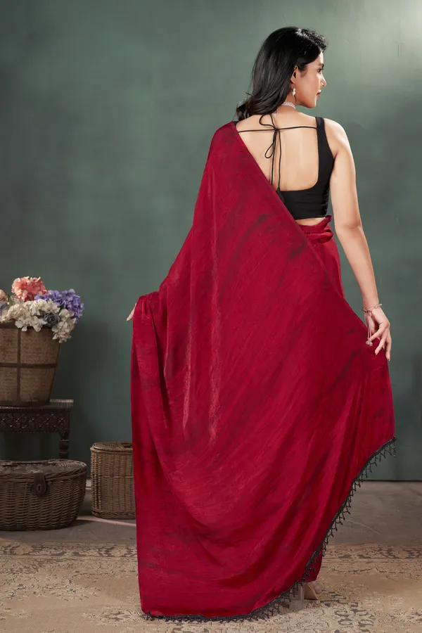 Red_Velvet_Satin_Prism_Print_Saree_With_Black_Plain_Blouse