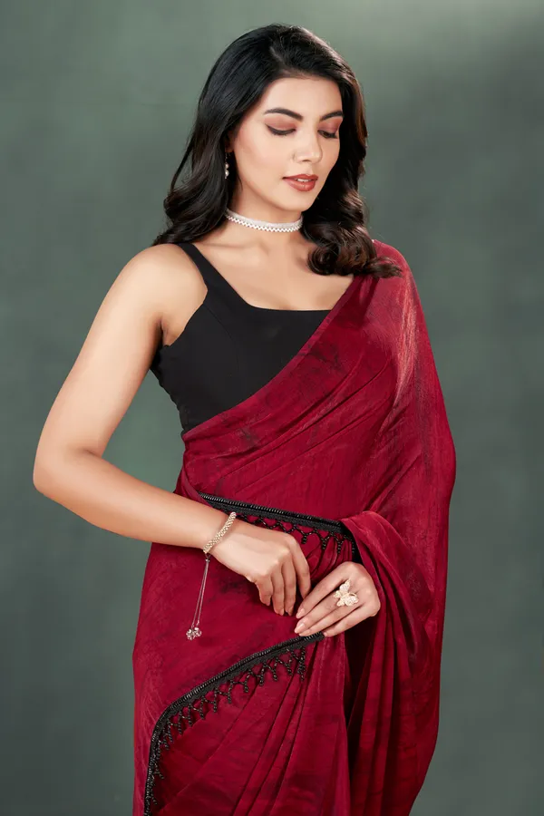 Red_Velvet_Satin_Prism_Print_Saree_With_Black_Plain_Blouse