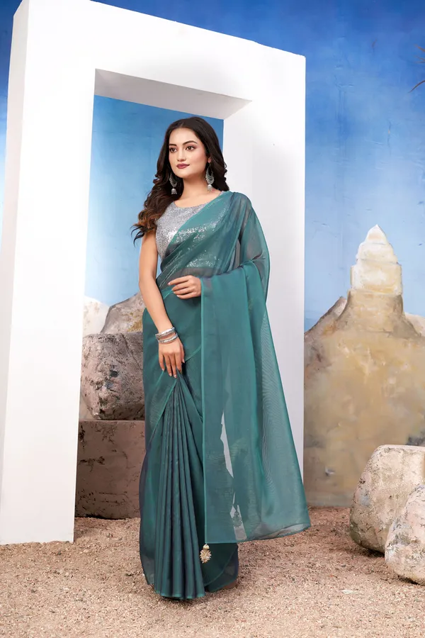 Teal_Green_Modern_Green_Silk_Satin_Saree_Paired_With_A_Shiny_Silver_Blouse
