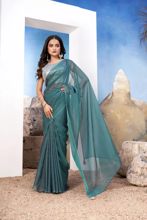 Teal_Green_Modern_Green_Silk_Satin_Saree_Paired_With_A_Shiny_Silver_Blouse