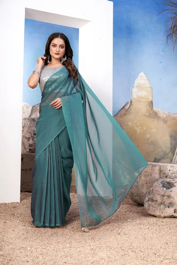 Teal_Green_Modern_Green_Silk_Satin_Saree_Paired_With_A_Shiny_Silver_Blouse