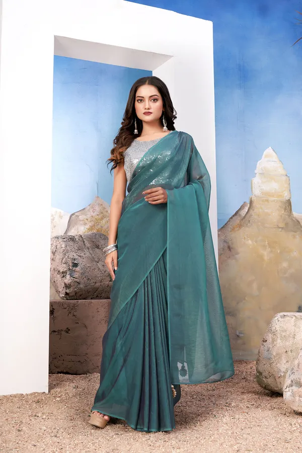 Teal_Green_Modern_Green_Silk_Satin_Saree_Paired_With_A_Shiny_Silver_Blouse