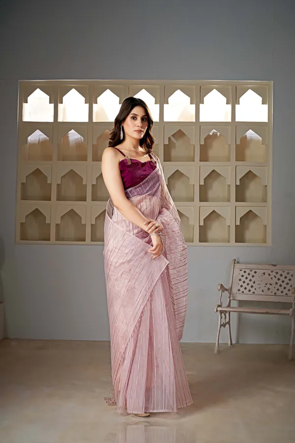 Peach__Organza_Saree_With_Rosegold_Stripes