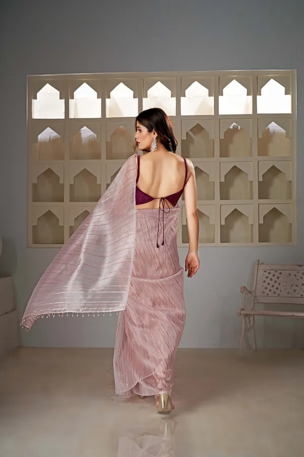 Peach__Organza_Saree_With_Rosegold_Stripes