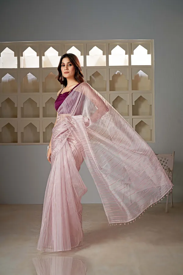Peach__Organza_Saree_With_Rosegold_Stripes