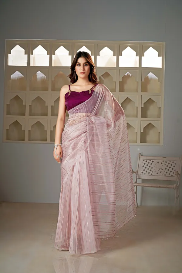 Peach__Organza_Saree_With_Rosegold_Stripes