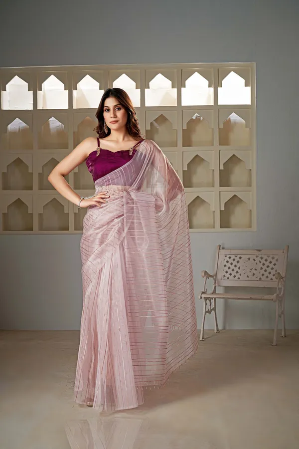 Peach__Organza_Saree_With_Rosegold_Stripes