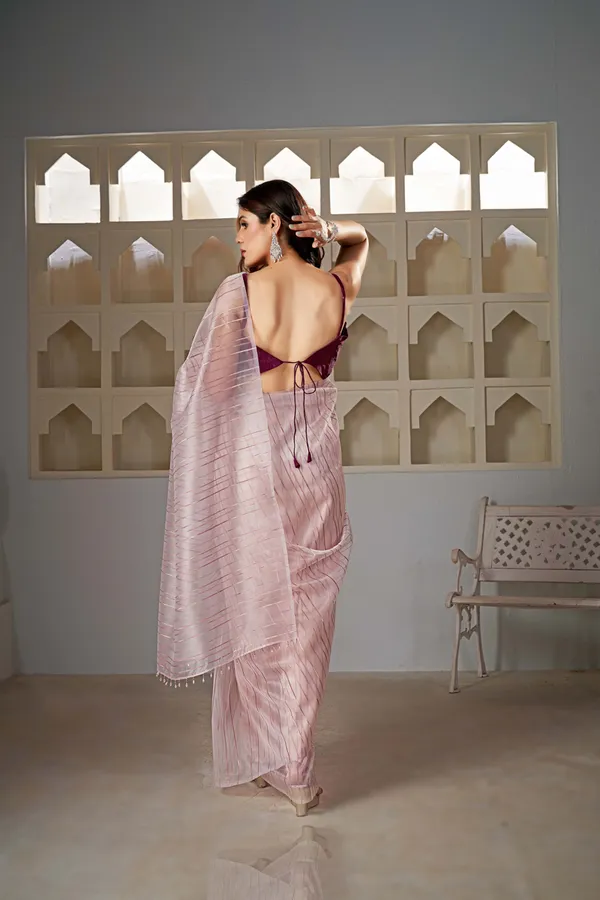 Peach__Organza_Saree_With_Rosegold_Stripes