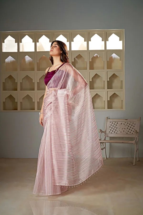 Peach__Organza_Saree_With_Rosegold_Stripes