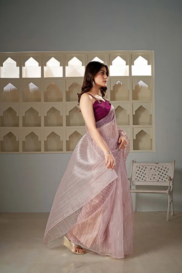 Peach__Organza_Saree_With_Rosegold_Stripes