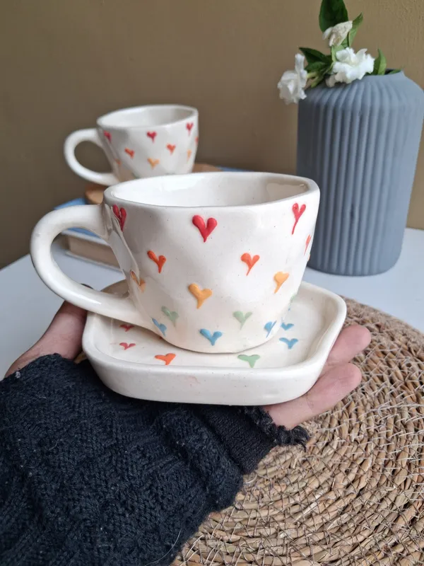 Multicolor_Hearts_Design_Handcrafted_Ceramic_Coffee_Cup_&_Saucer_Set-Medium(250ml)