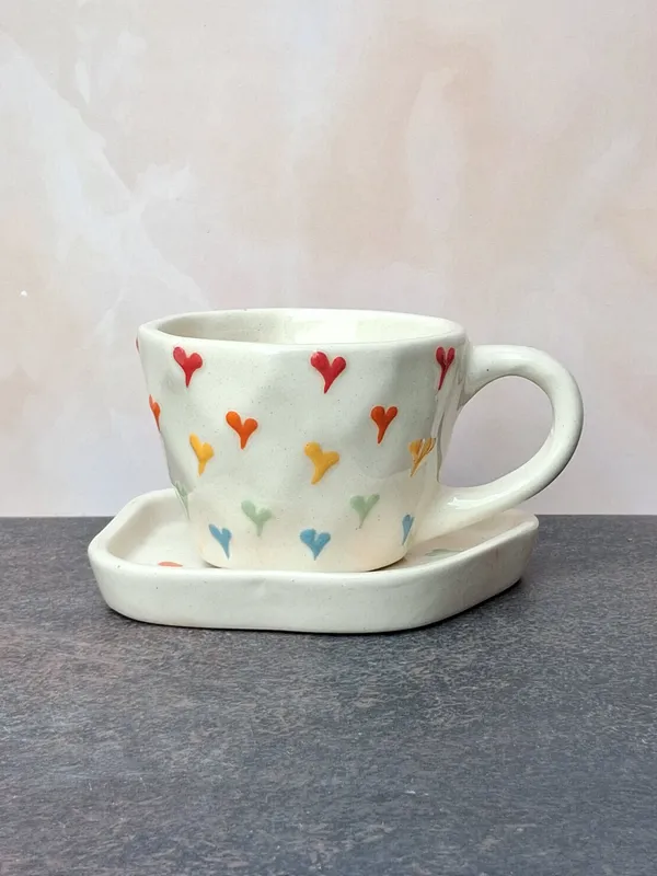 Multicolor_Hearts_Design_Handcrafted_Ceramic_Coffee_Cup_&_Saucer_Set-Medium(250ml)