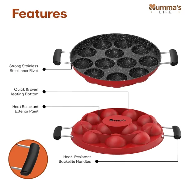Non-Stick_12_Cavity_Grill_Appam_Patra_2_Side_Handle_With_Glass_Lid_Appam_Maker_Appam_Patra_Appam_Pan_Litti_Maker_Appe_Stand_Red