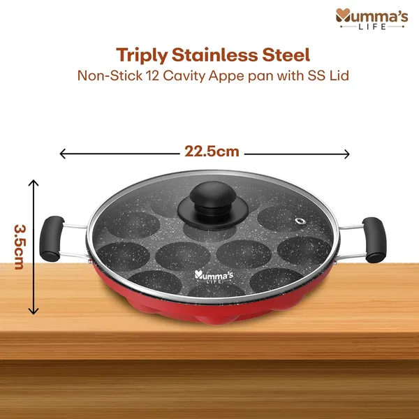 Non-Stick_12_Cavity_Grill_Appam_Patra_2_Side_Handle_With_Glass_Lid_Appam_Maker_Appam_Patra_Appam_Pan_Litti_Maker_Appe_Stand_Red
