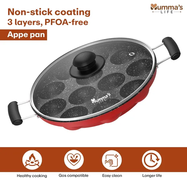 Non-Stick_12_Cavity_Grill_Appam_Patra_2_Side_Handle_With_Glass_Lid_Appam_Maker_Appam_Patra_Appam_Pan_Litti_Maker_Appe_Stand_Red