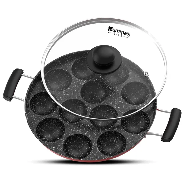 Non-Stick_12_Cavity_Grill_Appam_Patra_2_Side_Handle_With_Glass_Lid_Appam_Maker_Appam_Patra_Appam_Pan_Litti_Maker_Appe_Stand_Red