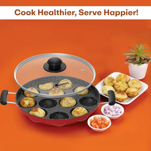 Non-Stick_12_Cavity_Grill_Appam_Patra_2_Side_Handle_With_Glass_Lid_Appam_Maker_Appam_Patra_Appam_Pan_Litti_Maker_Appe_Stand_Red