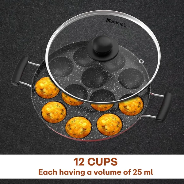 Non-Stick_12_Cavity_Grill_Appam_Patra_2_Side_Handle_With_Glass_Lid_Appam_Maker_Appam_Patra_Appam_Pan_Litti_Maker_Appe_Stand_Red