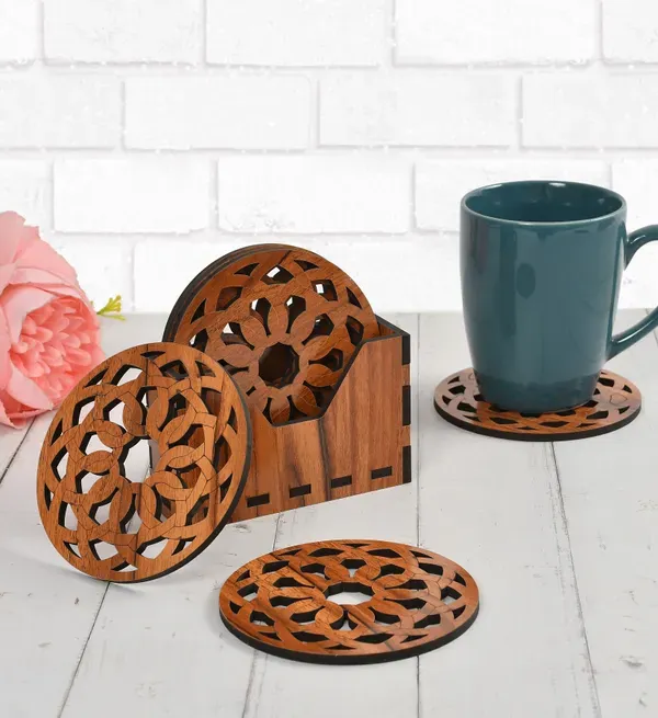 Brown_Wooden_Floral_Coaster_Round_Shape_Glossy_Wooden_Coaster_Set_6_And_1_Coaster_Holder_Fit_For_Tea_Cups,_Coffee_Mugs_And_Glass