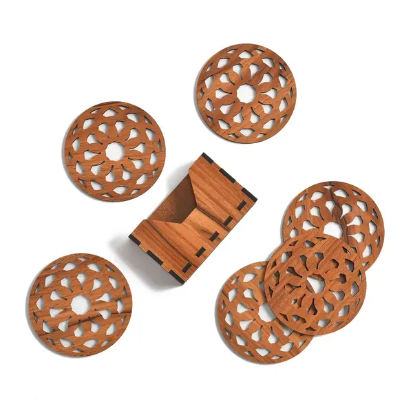 Brown_Wooden_Floral_Coaster_Round_Shape_Glossy_Wooden_Coaster_Set_6_And_1_Coaster_Holder_Fit_For_Tea_Cups,_Coffee_Mugs_And_Glass