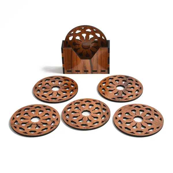 Brown_Wooden_Floral_Coaster_Round_Shape_Glossy_Wooden_Coaster_Set_6_And_1_Coaster_Holder_Fit_For_Tea_Cups,_Coffee_Mugs_And_Glass