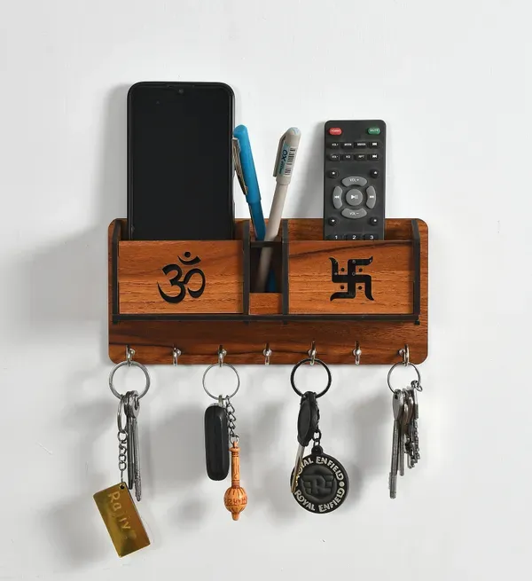 Brown_Wooden_Wall_Mounted_Om_Swastik_Designer_Key_Hanger_And_Glossy_Mobile_Holder