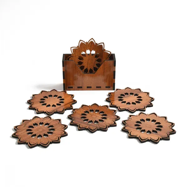 Brown_Wooden_Sunflower_Shape_Tea_Coaster_Wooden_Handmade_Set_Of_6_With_Decorative_Holder_Table_Tea_Coasters